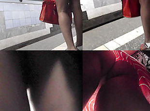 Hot blonde cougar shows off g-string in candid upskirts