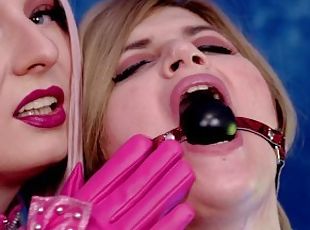 Sensual Gag and Ice Play. Two Hot BDSM Lesbians in PVC. Fetish Couple Mistress And Girl.
