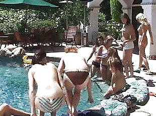 9 teen lesbians fuck each other in the pool