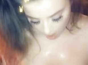 Teen slut sucks big dick on sofa while parents are in bed on Snapchat