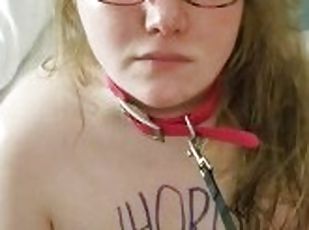 18 Year Old Slut Takes Body Writing & Leash Before First Time Eating Ass
