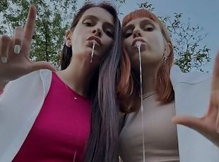 A Lot Of Two Mistresses Saliva In Your Slave Mouth - POV Spitting Femdom Close-up
