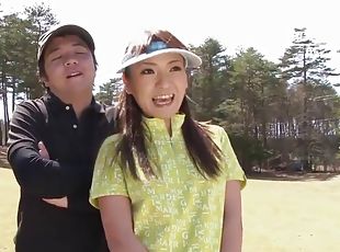 Three asian babes play a game of golf strip