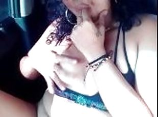 Horny woman starts touching her body, takes off her short shorts and caresses her pussy in the car