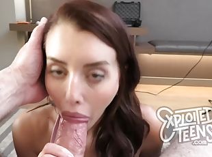 Watch this petite teen with auburn hair suck a dick and take a shower.