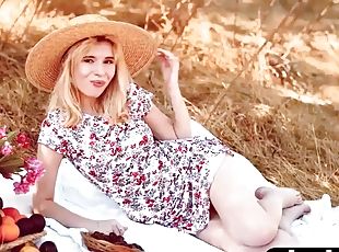 Amazing petite blonde teen Angel Sway enjoyed a picnic and posing outdoors