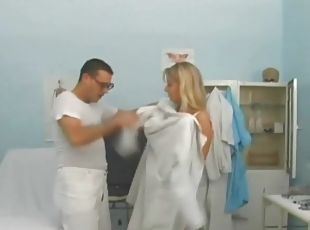 Dress and stockings on a blonde getting fucked