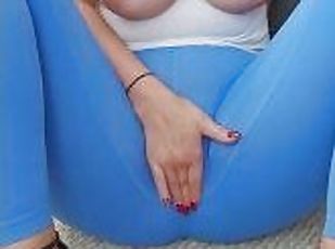 Big Boob MILF Teacher rubs her legging covered pussy and cums hard