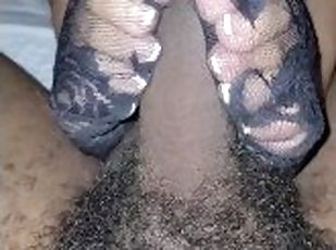 Ebony soles footjob in lace socks