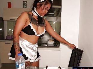 BBW Thai amateur girlfriend in maid uniform, role play and sex at home