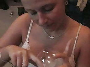 Cute Gal Drinks Cum From Glass for Friend