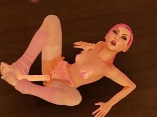Pink is using her dildo with her feet.