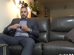 Solo businessman in suit masturbates uncircumcised penis and cums while watching porn PREVIEW