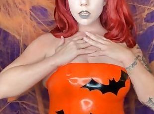 amateur, rousse, petite-amie, fétiche, latex, solo, goth, halloween, caoutchouc, taquinerie