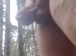 Fat guy Jerking small cock in the woods