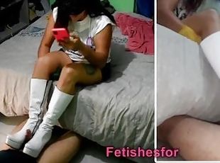 punheta, meias-calças, ejaculação, amante, leite, branco, botas, domínio-feminino, cabedal