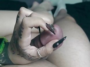 Long nails play with cock, foreskin and peehole