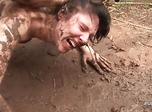 Nude mud wrestling and anal sex punishment outdoors