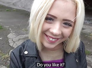 Tiny teenage blonde Anna Rey hooks up with public agent for money