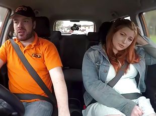 Chubby redhead in public outdoors fucked in the car by a driving tutor