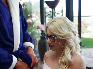 Tiny blonde teen in glasses Nella Jones gets her first big dick