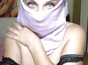 Muslim slut on webcam topless covering her face with scarf