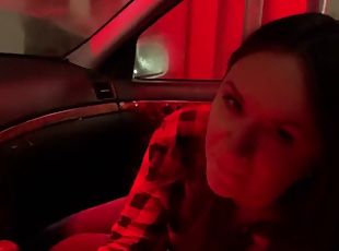 Horny wife gives blowjob at automatic car wash and swallows cum