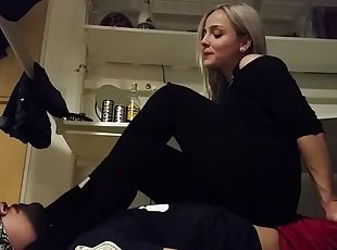 Hot lady trample and foot worship in socks