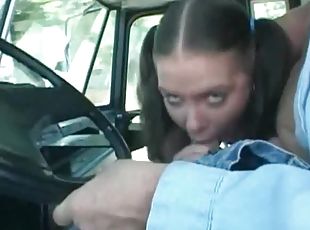 Curious brunette teen sucks bus drivers cock