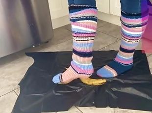 Banana Crushing In Socks, Nylon Socks, And Barefeet (First Time Crushing)