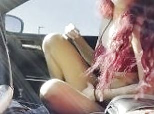 Caught Petite Red hair Latina blowjob in Car POV