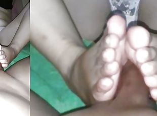 my wife footjob my dick with hijab