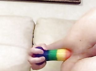 Femboy rails herself with dildo and squirts as she cums from anal