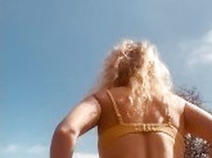 Sexy milf exhibitionist struts around park in bikini before fucking bbc dildo