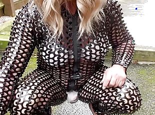 Amateur Crossdresser Kellycd2022 sexy milf in pvc catsuit and heels peeing in her panties  outdoors sissy masturbation 