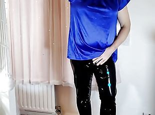 Sexy crossdresser satin blouse and PVC leggings hot