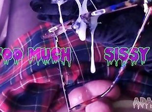 Femboy didn't cum for 15 days - balls bursted! Huge thick cumshot on sissy-glasses and play with it