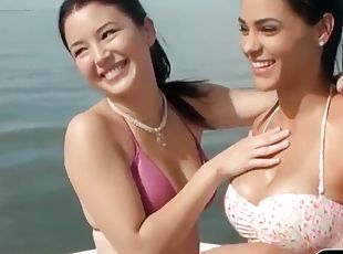 Two slutty girl in bikini foursome sex on speedboat