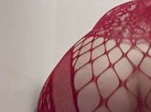 Shemale in red lace lingerie brings her ass to orgasm