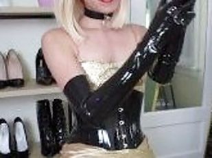 Blonde Sissy Puts On Latex Opera Gloves