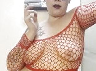 BBW stepmom MILF 420 smoking in fishnets