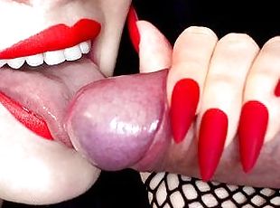 Cum in mouth so close! Naughty girl teases dick with her tongue and gets a lot of sperm on lips