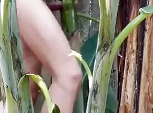 Skinny Asian fucks with a banana tree