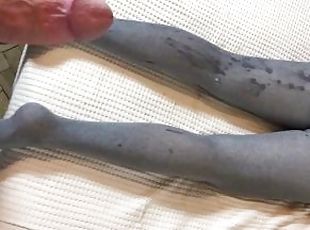 Gray cotton stockings fetish video with huge male orgasm ( At home, in bed, long blond hair, POV )