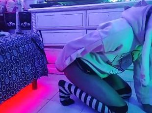 Teen femboy in chastity playing on the floor