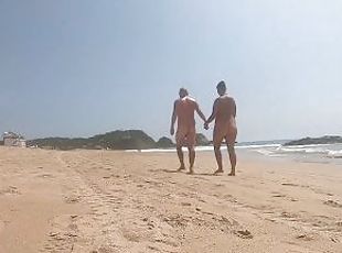 nudist, zunaj, javno, amaterski, doma-narejeno, par, plaža, fleširanje