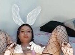 Bunny with a plug in her ass is very hot and grabs her dildo to give herself double pleasure